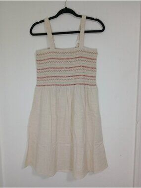 Magic Womens Sundress Size M Linen Cotton Smocked Adjustable Straps Beige Red